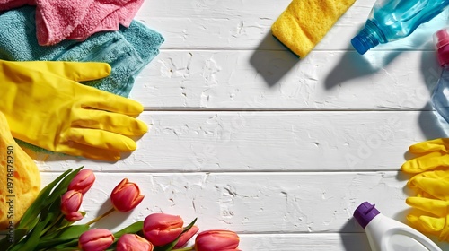 Cleaning Supplies on a Table Ready for Use in a Home Task During the Day
