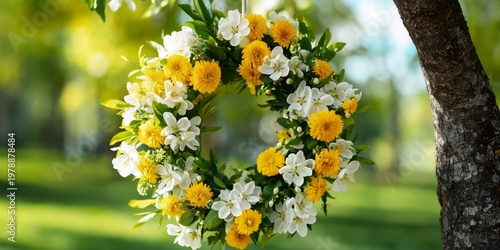 Flowers Arranged in a Circle Hanging on a Tree During Daylight in a Park