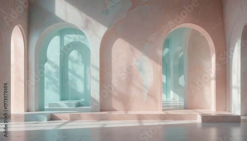 Minimalist geometric arches in pink and mint tones with soft shadows, copy space