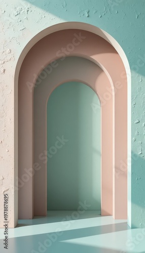 A luxurious background for showcasing skincare products, featuring pastel arches, copy space