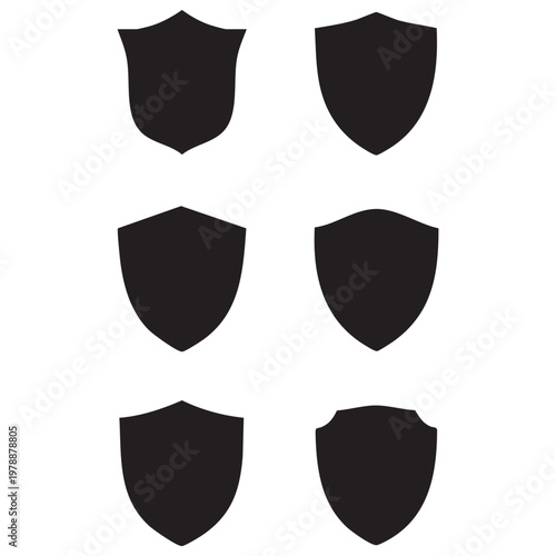 Black Shield Icons Set – Six Simple Heraldic Protection Vector Illustrations on White Background