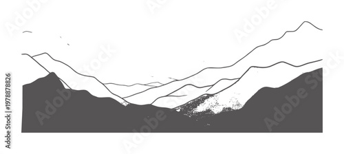 Stylized dark gray mountain range silhouette against white sky