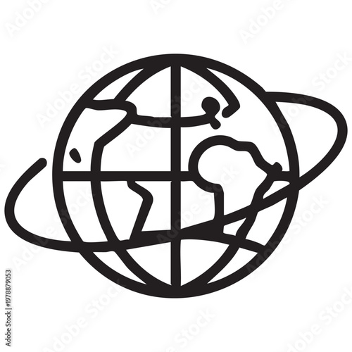 Black Globe Icon with Orbit Ring and Grid Lines, Global Network and International Symbol