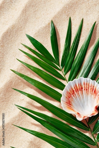 Bright Shell and Green Palm Leaf on Blue Background in a Creative Arrangement...