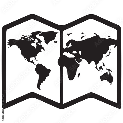 Black Silhouette Folded World Map Icon – Simple Travel and Geography Vector Illustration on White Background