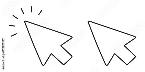 Set of computer mouse cursor icons, black and white arrow pointers for web interface design, clicking symbols vector illustration isolated on white background. Cursor mouse click icon set. Click arrow