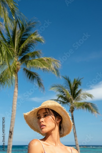 Woman Stands on Beach in Sunny Weather Wearing Hat and Enjoying the View of W...