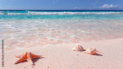 Beach Scene With Shells and Ocean Waves on a Sunny Day at a Tropical Location