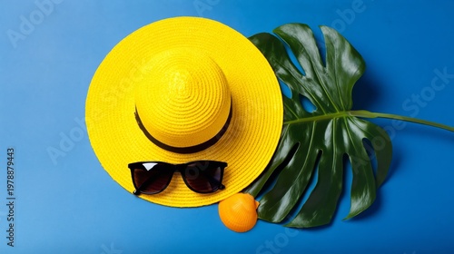 Bright Hat and Sunglasses on Blue Background With Leaves and Orange Placed To...