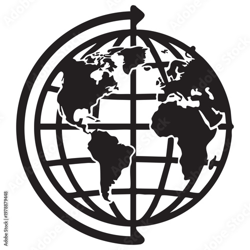 Black Silhouette Globe with Grid Lines and Meridian Arrow – Simple World Map Vector Illustration on White Background