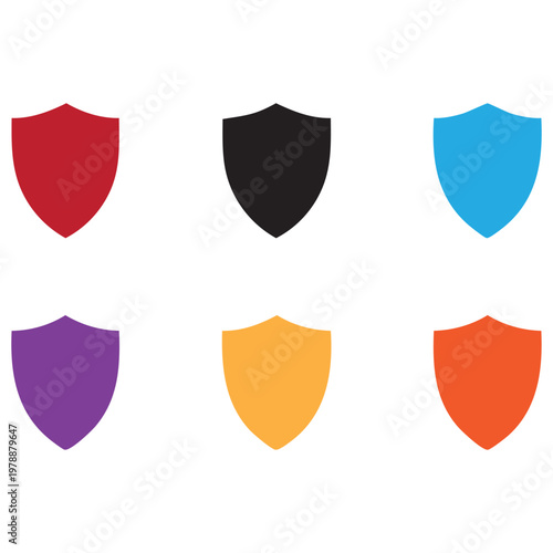 Colorful Shield Icons Set – Red, Black, Blue, Purple, Yellow and Orange Heraldic Protection Vector Illustrations on White Background