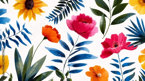 Bright Flowers and Leaves Arranged in a Colorful Pattern on a White Backgroun...