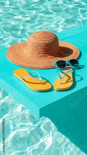 Summer Accessories on a Bright Blue Table by a Swimming Pool in Sunny Weather