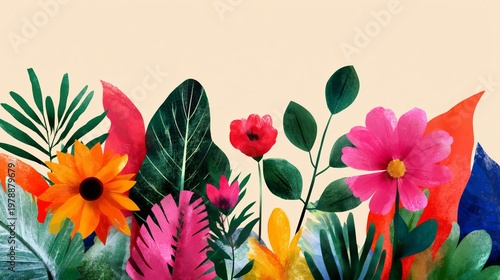 Bright Flowers and Leaves Arranged in a Colorful Pattern on a White Backgroun...