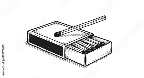 A detailed illustration depicts an open matchbox containing several matches with one partially drawn out