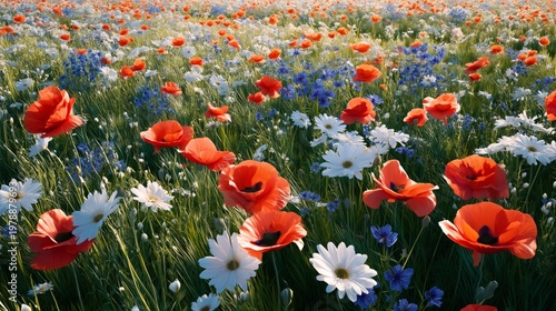 Field Filled With Red Poppies and Blue Flowers Under Bright Sunlight in Sprin...