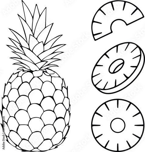 Tropical Pineapple Set with Whole Fruit and Slices, Black and White Style - Vector Icons