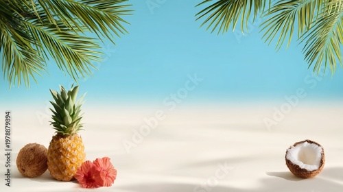 Tropical Fruits With Coconut and Pineapple on Sandy Beach With Clear Blue Sky