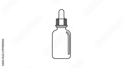 A simple line drawing depicts a small glass bottle with a dropper isolated on white