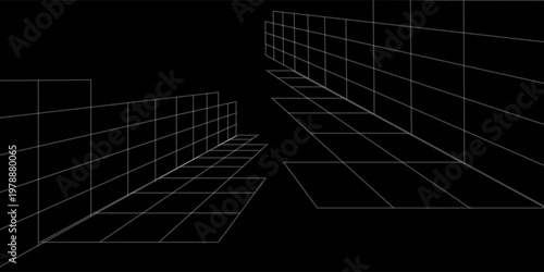 White terrain wireframe on black background. Relief meshed structure. Grid perspective deformation. Distorted lattice surface. Vector graphic illustration.