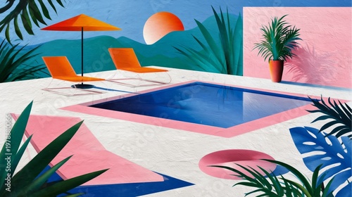 Bright Colors and Shapes Create a Vibrant Outdoor Space With a Pool and Sun C...
