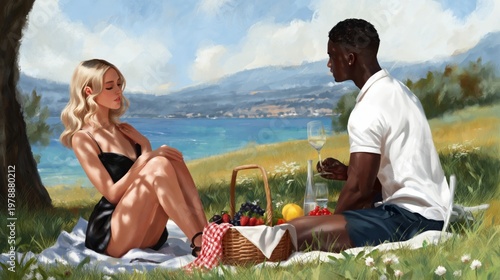 Couple Enjoys Picnic Near Lake With Fruit and Drinks in Sunny Weather