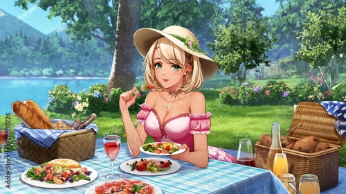 Enjoying a Summer Picnic by the Lake With Food and Drinks in a Sunny Park
