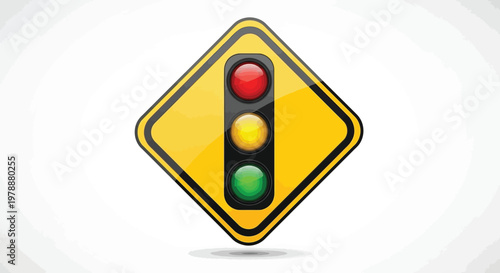 A vibrant yellow traffic signal warning sign displays a red light above yellow and green