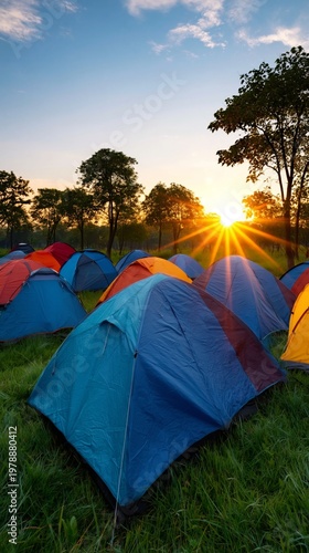 Sunrise View of Camping Tents in a Forest With Tall Trees and Morning Light
