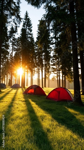 Sunrise View of Camping Tents in a Forest With Tall Trees and Morning Light