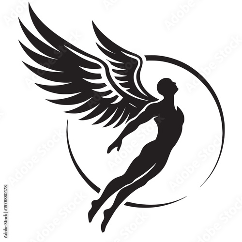 Mythological winged man silhouette vector, flying angel figure in circular frame, black and white muscular male deity icon for logo design