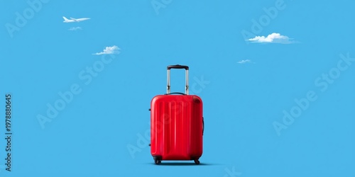 Bright Red Suitcase Ready for Travel in Clear Blue Sky With Clouds and Airpla...