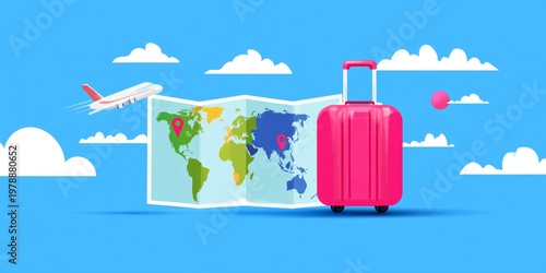 Bright Red Suitcase Ready for Travel in Clear Blue Sky With Clouds and Airplane Above