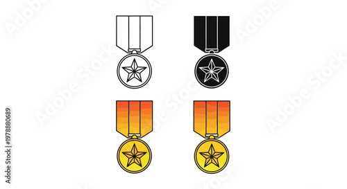 A depiction of four military medals with star shaped centers shown in varying color schemes