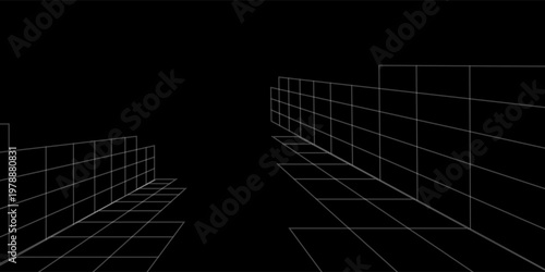 White terrain wireframe on black background. Relief meshed structure. Grid perspective deformation. Distorted lattice surface. Vector graphic illustration.