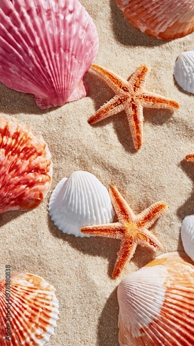Colorful Shells and a Starfish on Sandy Beach Surface During Bright Daylight