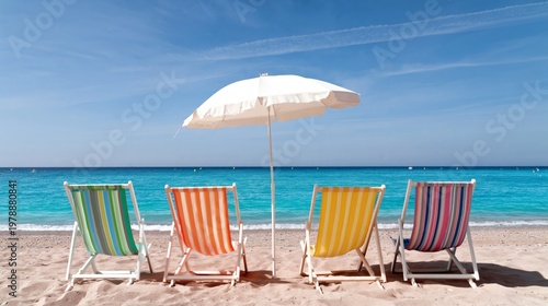 Beach Scene With Chairs, Umbrella, and Clear Water on Sunny Day
