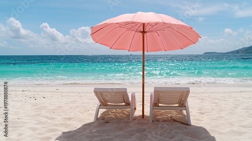 Beach Scene With Pink Umbrella and Lounge Chairs Near Ocean on Sunny Day