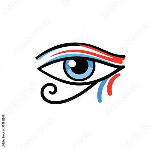 Stylized vector of the eye of horus symbol with vibrant blue, red, and white accents