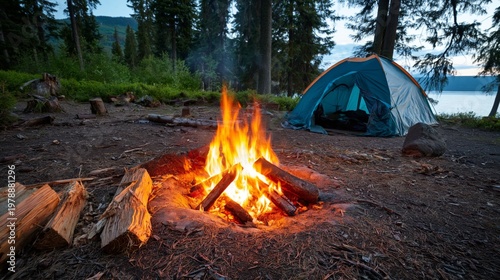 Campfire Burns Near a Tent by the Lake During Twilight in a Forest Setting