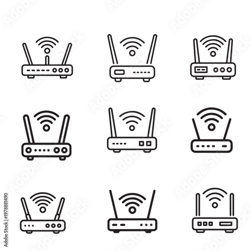 Set of nine different wireless router icons with signal waves and antennas in line art style.