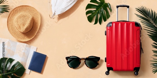 Summer Travel Setup With Suitcase, Hat, Sunglasses and Tropical Leaves on a F...