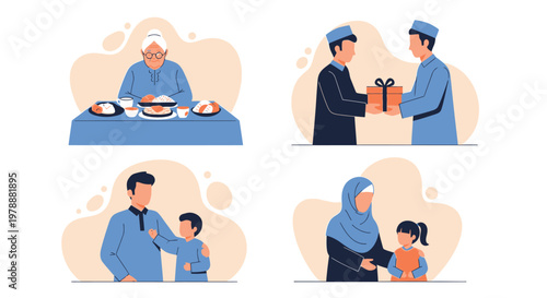 A collection of illustrations depicting family gatherings and gift giving during a festive occasion