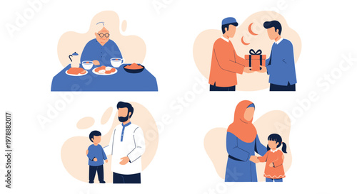 Illustrative depictions of families celebrating a festive occasion possibly eid with gifts and meals
