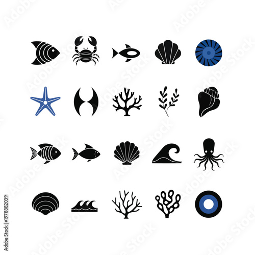 Collection of marine life vector icons including fish, crab, starfish, and coral.