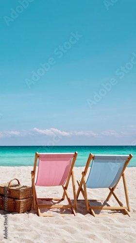 Enjoying Time on the Beach With Pink and Blue Chairs and a Picnic Basket on a...