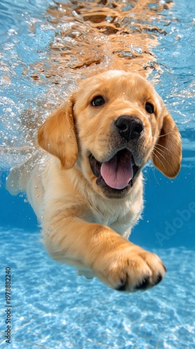 Cute Puppy Swims Underwater in Clear Blue Pool on a Sunny Day