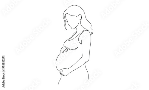 Pregnant woman embraced belly in elegant single line art