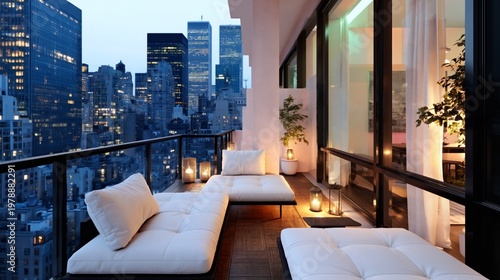 View of City Skyline From Balcony During Evening With Comfortable Seating Area