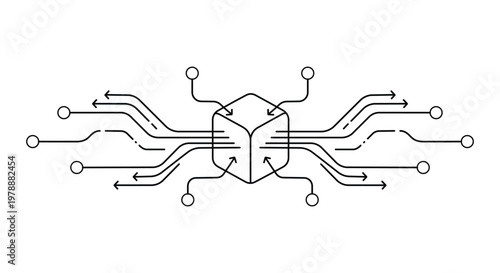 Abstract cube with arrows showing data flow in line art